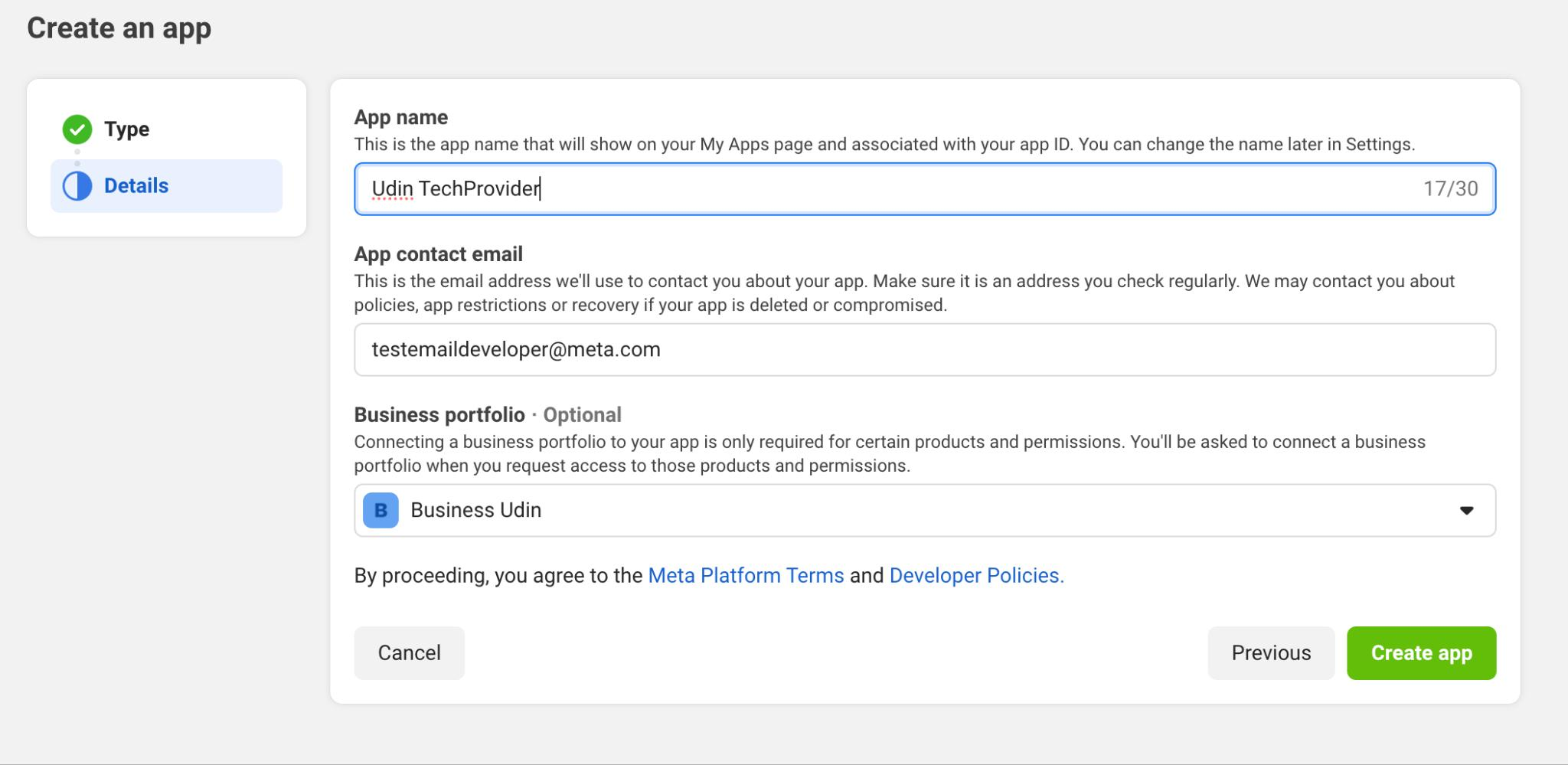 Create an app — App name / Contact email / Business portfolio
