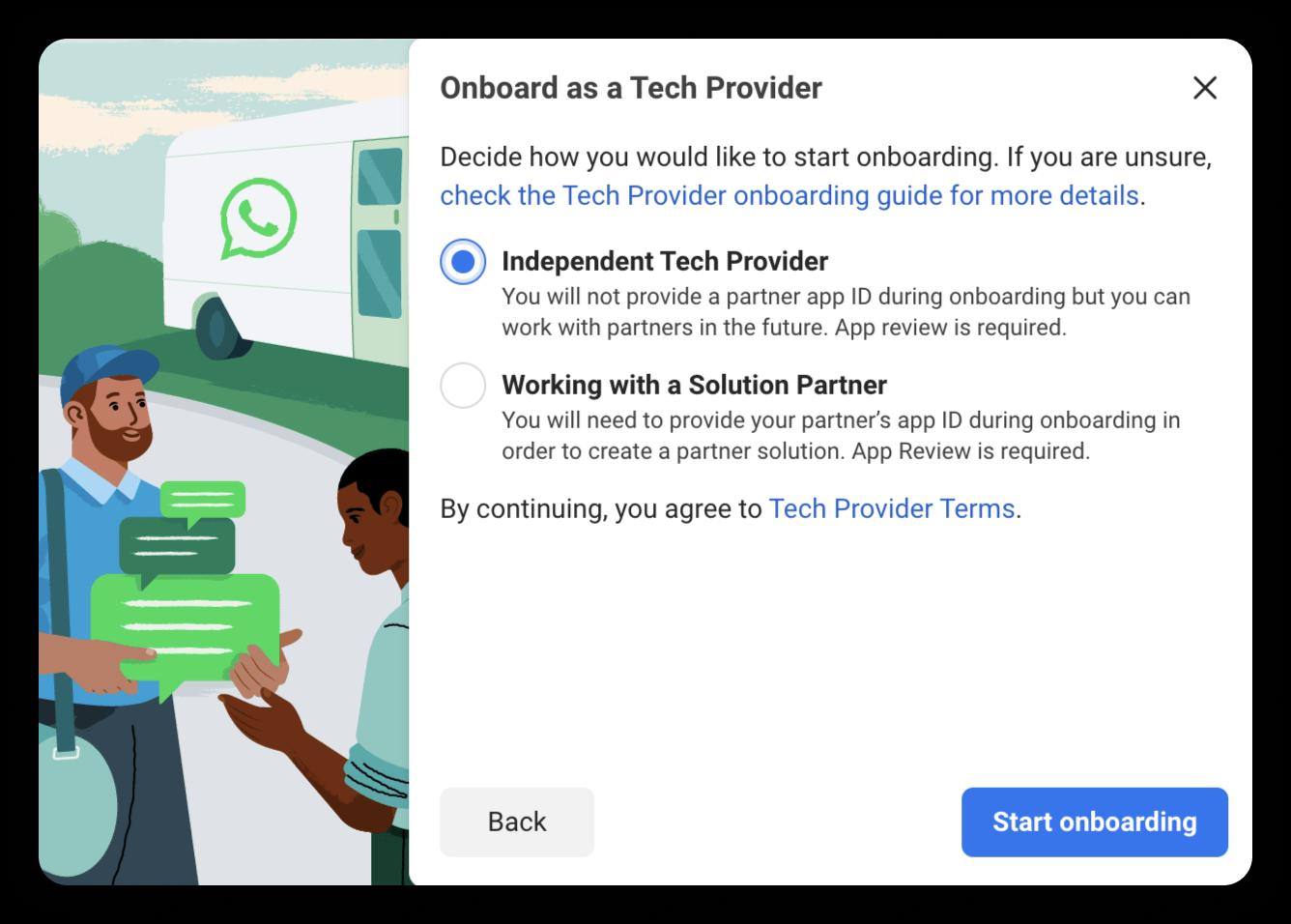 Onboard as a Tech Provider modal
