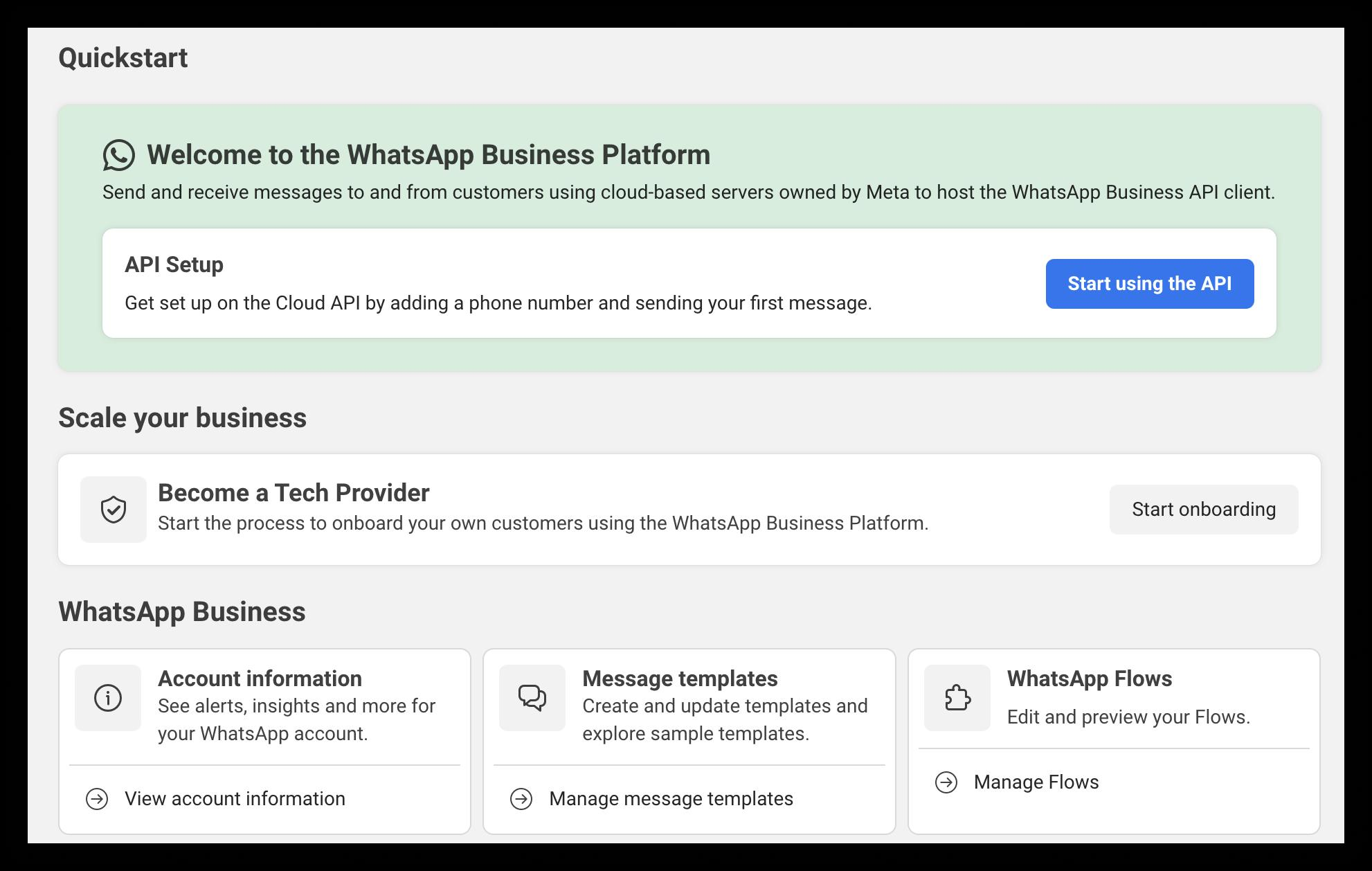 WhatsApp Quickstart panel